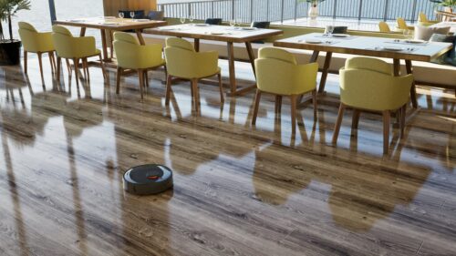 レストランの床をお掃除ロボットが綺麗にしている写真