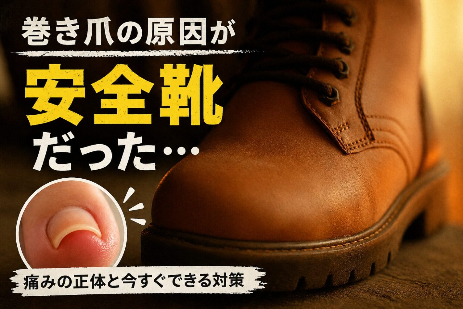 安全靴を履く作業現場の足元。巻き爪の原因になりやすい靴の例