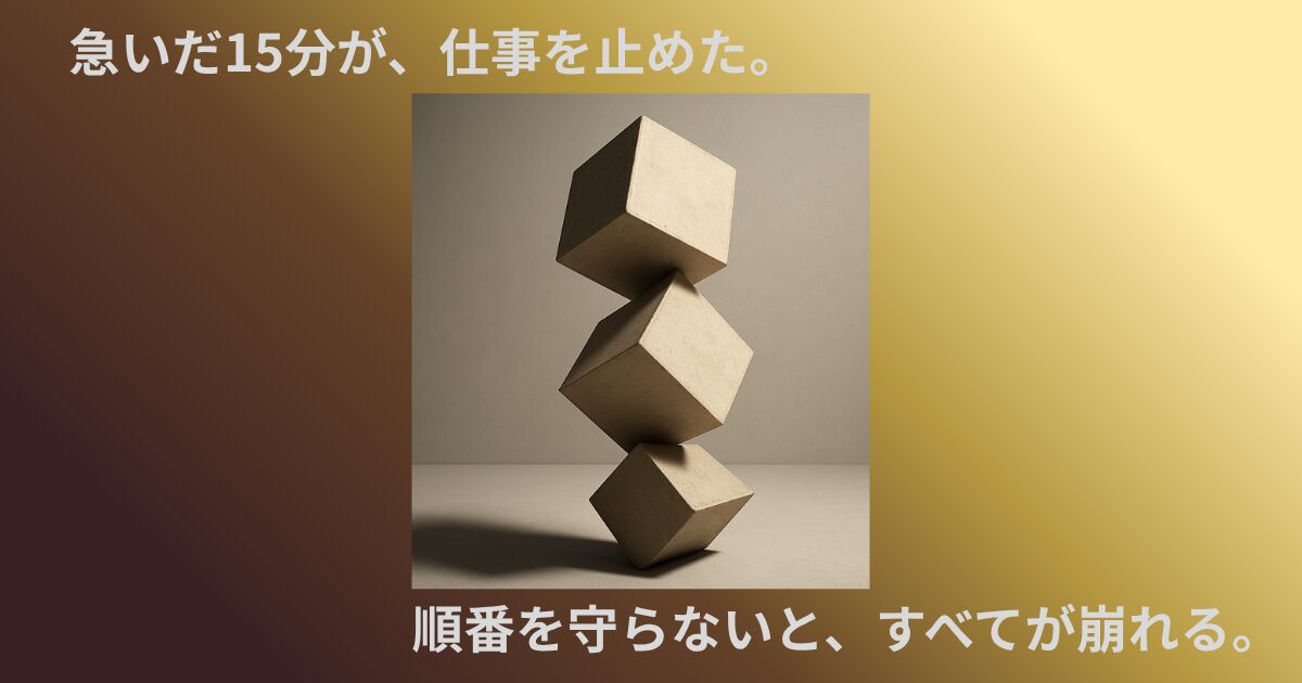 大きさの異なるキューブが不安定に積み上がり、優先順位の逆転による危険性を表したイメージ